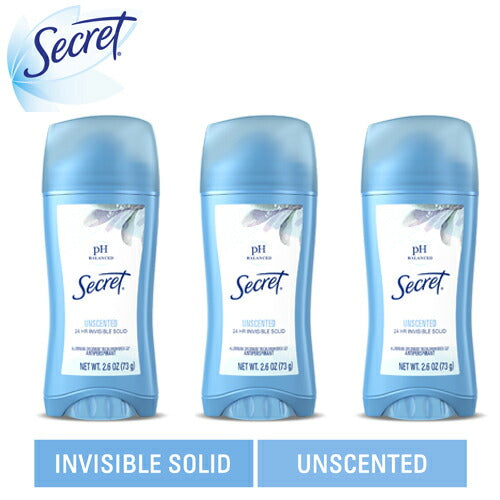 【エクスプレス便】Secret Invisible Solid Unscented 2.6 oz PACK OF 3 シークレット お得な3本セット インビジブルソリッド デオドラント 73g 白くならないタイプ 無香料 ワキ ワキガ 制汗剤