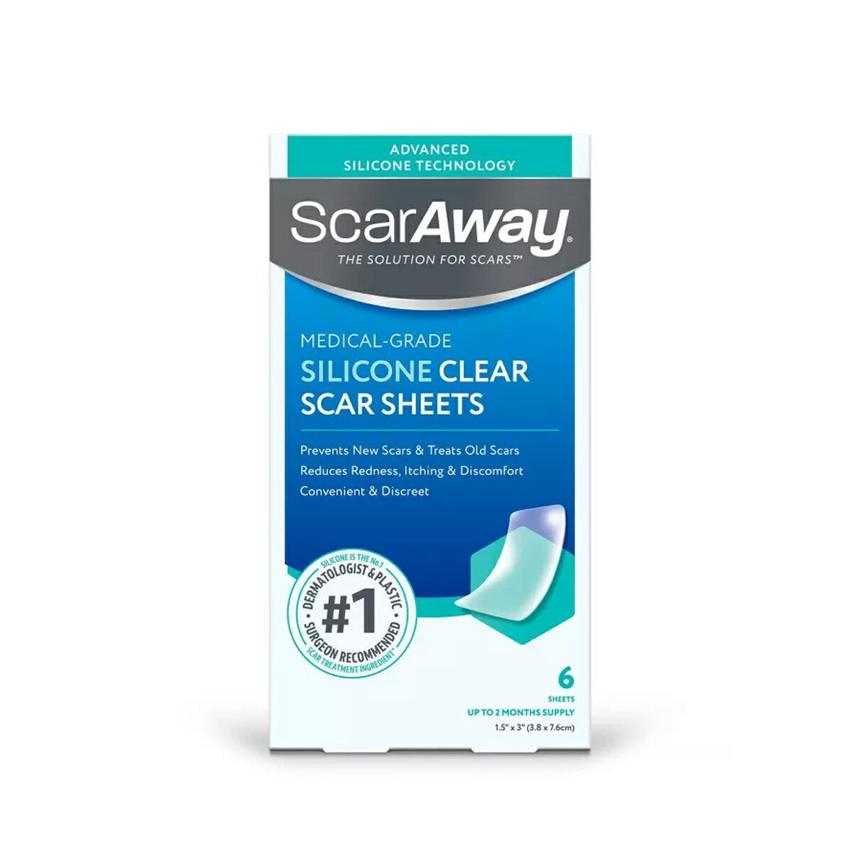 【追跡可能海外メール便】ScarAway アドバンスト クリア シリコン 傷跡シート (1.5 インチ x 3 インチ)、クリア シート 6 枚 ScarAway Advanced Clear Silicone Scar Sheets, Medical Grade Silicone Strips (1.5" x 3") 6 Clear Sheets