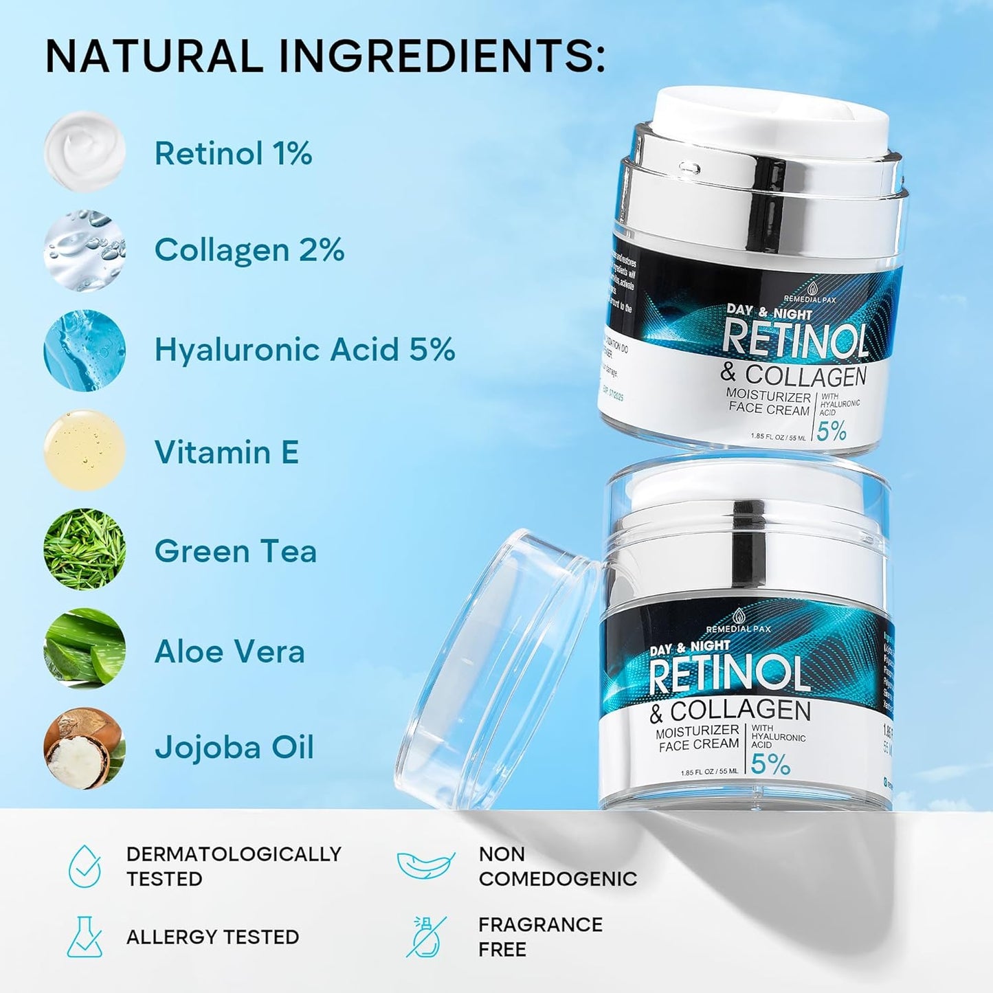 【エクスプレス便】REMEDIAL PAX Retinol & Collagen Moisturizer Face Cream Hyaluronic Acid 5% 1.85 Fl Oz レメディール パックス レチノール&コラーゲン 保湿クリーム ヒアルロン酸 5% 55ml