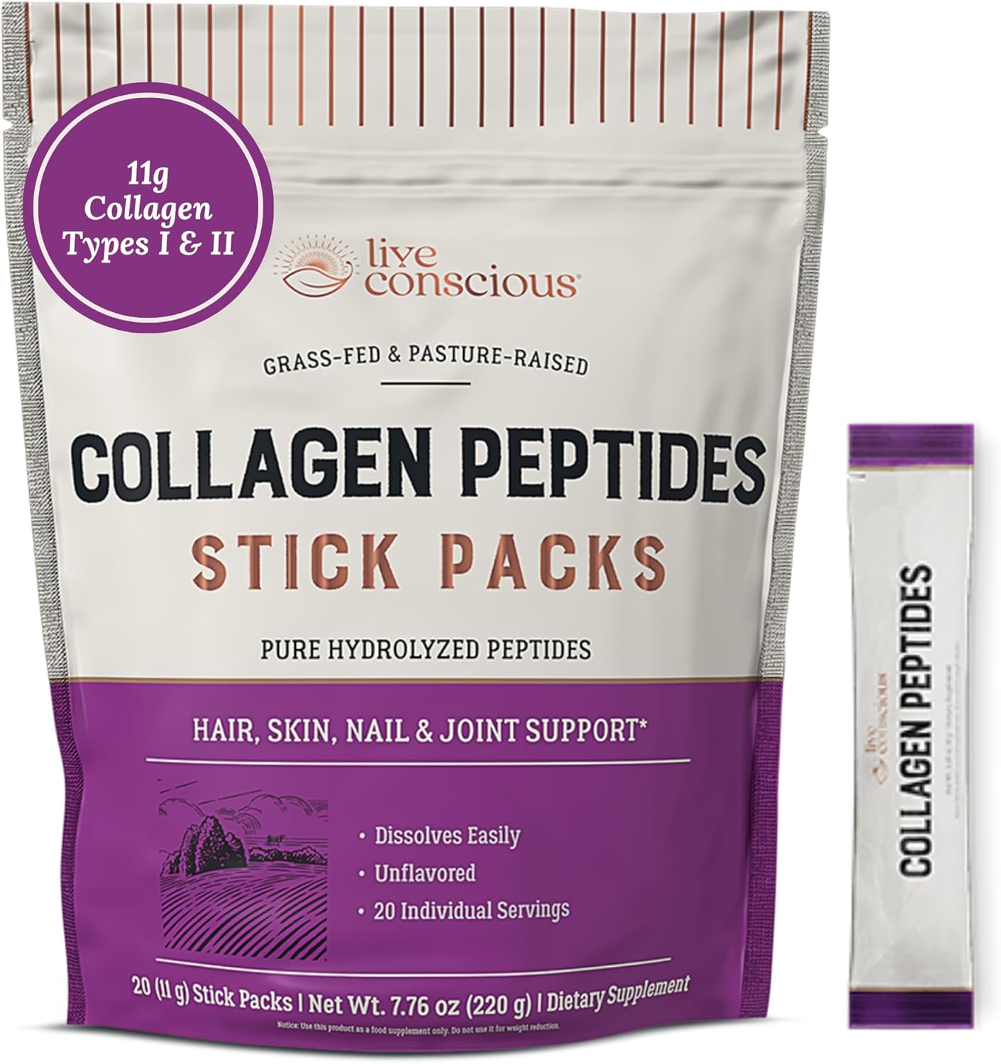 【エクスプレス便】Live Conscious Collagen Peptides Powder Unflavored Packets 20本 ライブコンシャス 加水分解コラーゲンパウダー コラーゲンペプチド 味なし 髪、肌、爪、関節サポート コラーゲンサプリメント 美肌ケア 美髪ケア