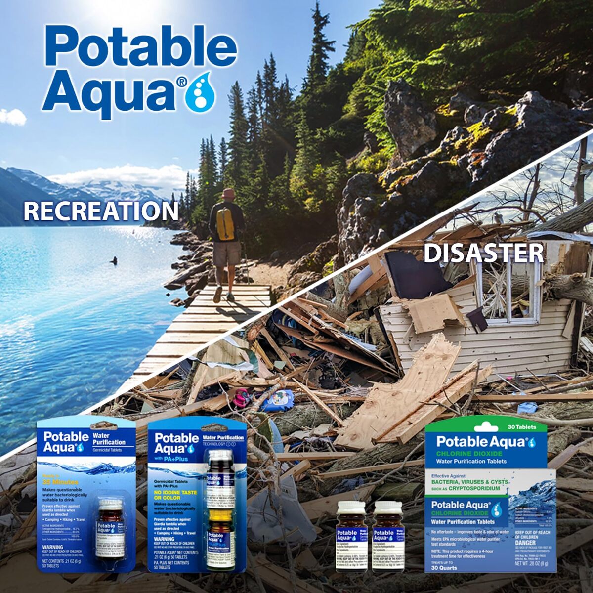 【追跡可能海外メール便】Potable Aqua Water Purification Tablets with PA Plus, Portable and Effective Solution for Camping 2.24oz ポータブルアクア 水浄化タブレット PAプラス付き 63.6g キャンプ用 防災 防災グッズ
