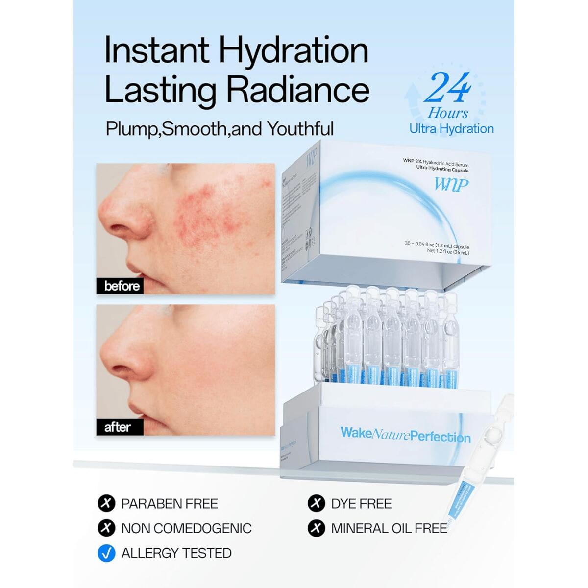 【エクスプレス便】WNP ヒアルロン酸セラム 高保湿美容液 30回分 1.2 ml/本 WNP Hyaluronic Acid Serum 3% for Face Ultra Hydrating Anti-Aging Serum Single-Use Vials 30PCS