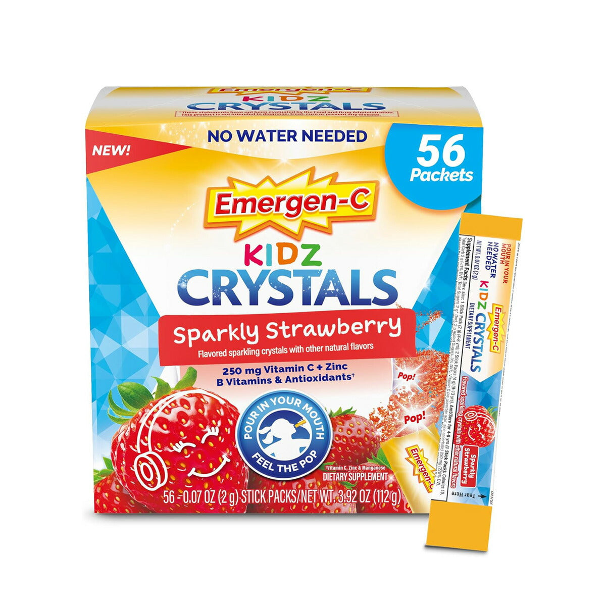【エクスプレス便】Emergen-C Kidz Crystals, On-the-Go Emergen-C Immune Support Sparkly Strawberry 56 Stick Packs <br> エマージェンC キッズ クリスタル(携帯用) イミューンサポート スパークリー ストロベリー味/スティックタイプ 56包入り