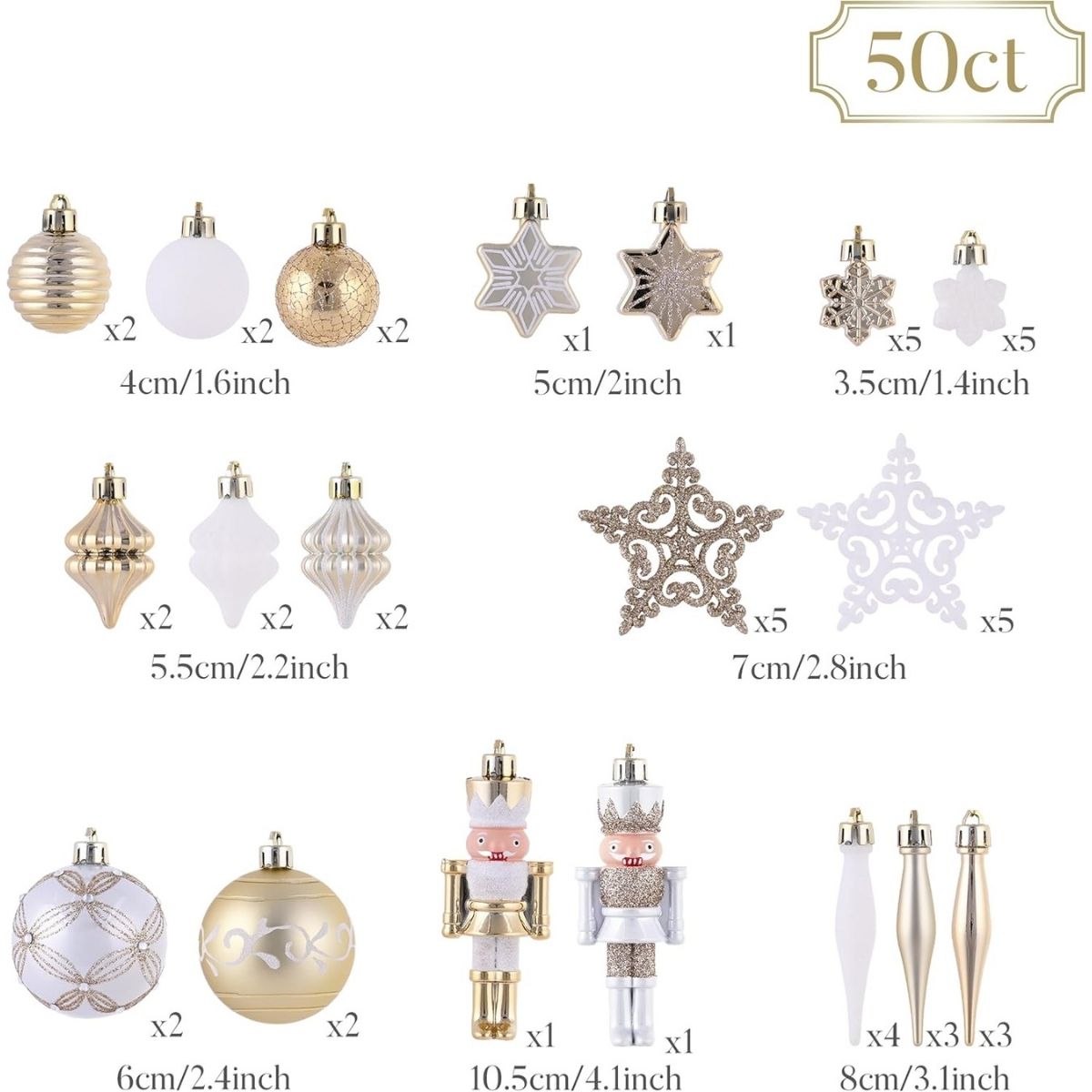 【エクスプレス便】Valery Madelyn クリスマスツリー オーナメントセット 50個入り ホワイト&ゴールド Valery Madelyn Christmas Tree Ornaments Set 50ct White Gold Xmas Holiday Wedding Decor くるみ割り人形 割れにくい ホリデー