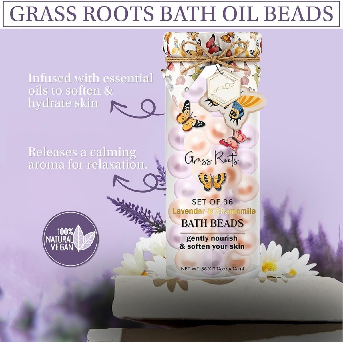 【エクスプレス便】Grass Roots グラスルーツ バスオイルビーズ 36個入 ラベンダー&カモミールの香り Grass Roots Bath Oil Beads Set of 36 - Lavender & Chamomile Scented Bath Bead