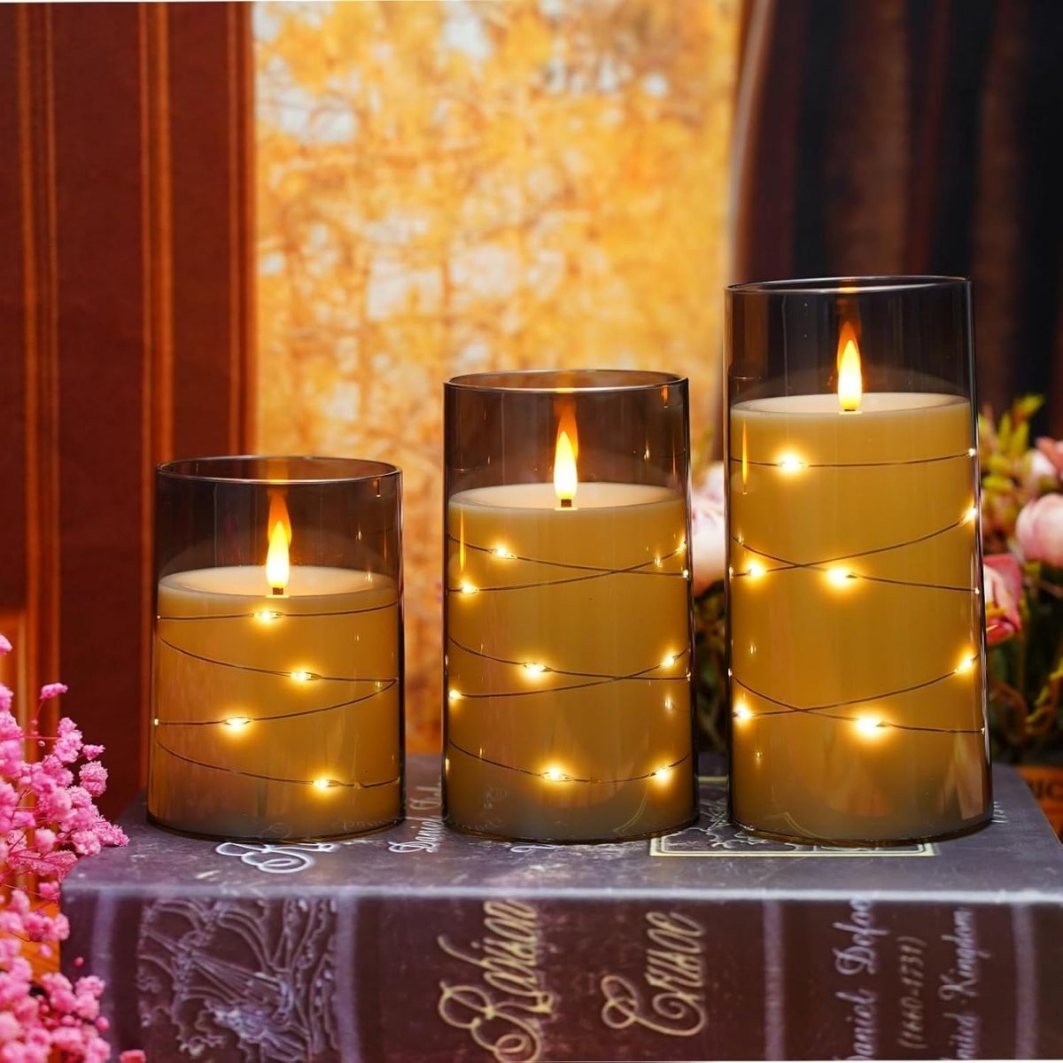 【エクスプレス便】Kakoya LEDキャンドル  3本セット グレー アクリル製 星入りライト内蔵・電池式 Kakoya Flameless LED Candles with Timer 3 Pc Flickering Battery Operated Candles Grey