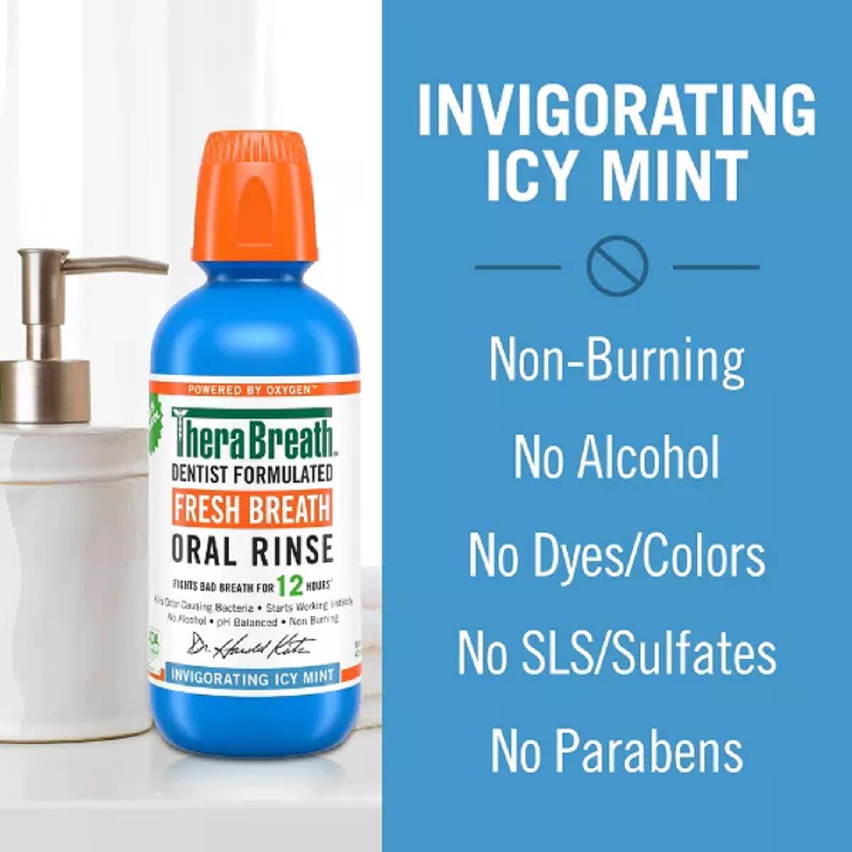 【エクスプレス便】 TheraBreath Fresh Breath Mouthwash, Icy Mint, Alcohol-Free, 16 Fl Oz<br>セラブレス フレッシュブレス マウスウォッシュ アイシーミント<br>口内洗浄 口臭対策 アルコールフリー