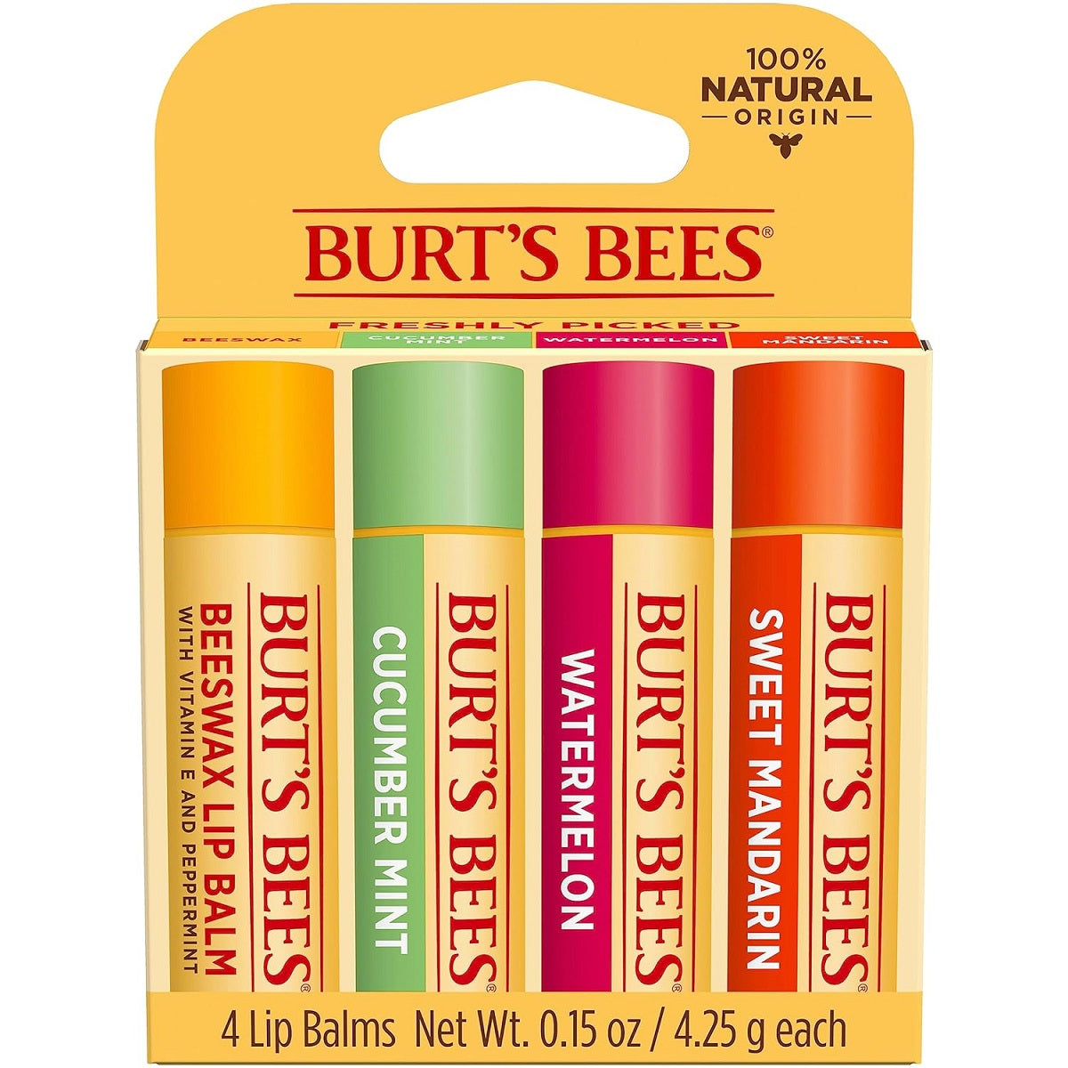【追跡可能海外メール便】Burt's Bees Beeswax Lip Balm value 0.15oz/4-pack (Freshly Picked) バーツビーズ リップバーム 4.25g / 4本セット(もぎたてフルーツ)ギフトセット ペパーミント キュウリミント スイカ スイートマンダリン