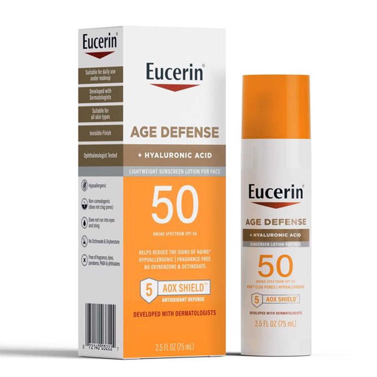 【追跡可能海外メール便】Eucerin Sun Age Defense SPF50 2.5oz ユーセリン ヒアルロン酸配合 顔用 日焼け止め SPF50 75ml 低刺激 敏感肌 無香料 ヒアルロン酸 保湿