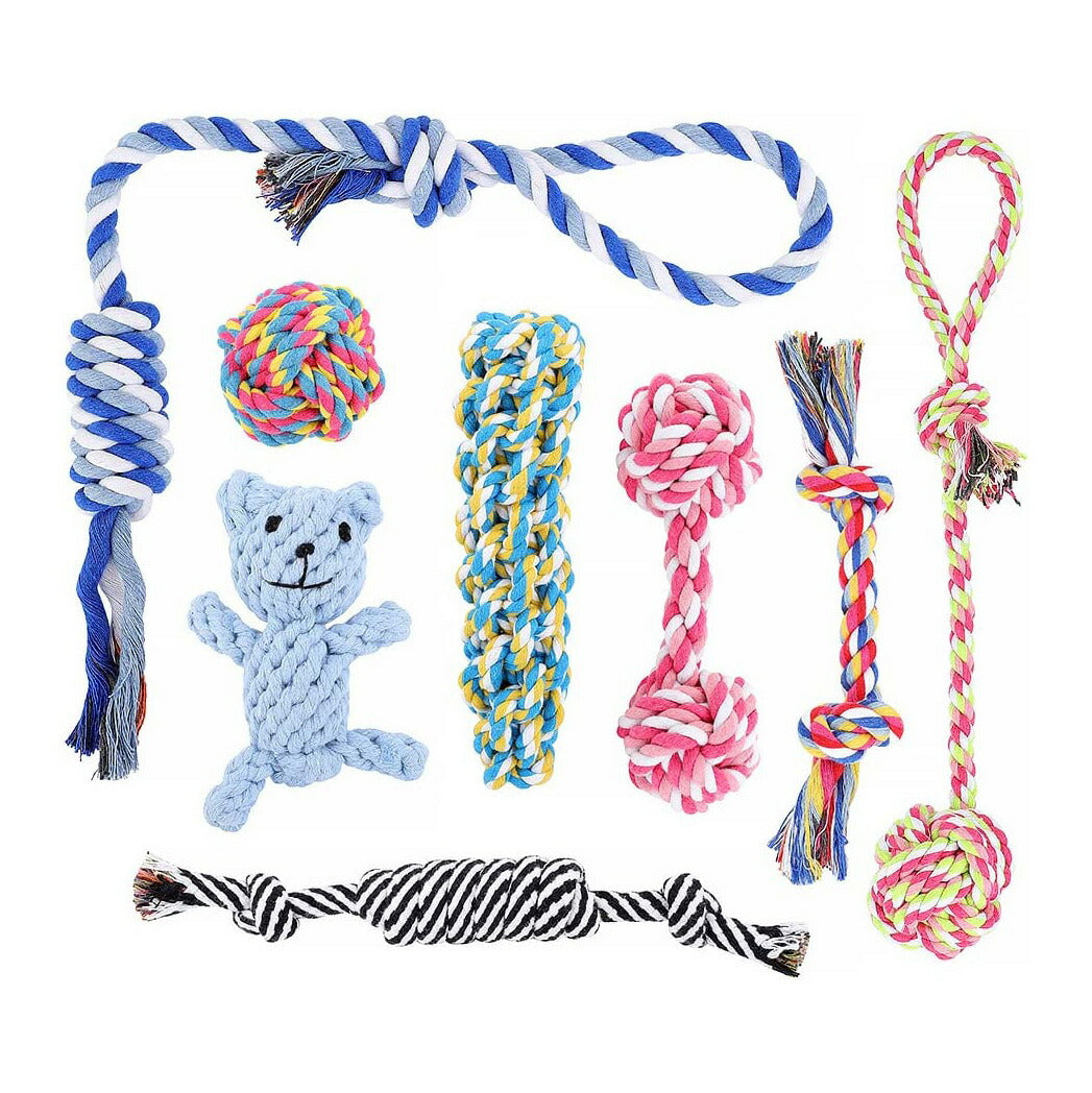 【エクスプレス便】PLUTUS PET Dog Chew Toys 犬のための噛むおもちゃ8個セット 100%天然コットン製 犬 おもちゃ 歯の掃除