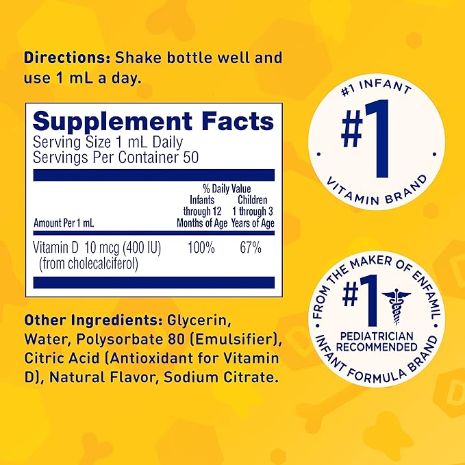 【追跡可能海外メール便】Enfamil Baby Vitamin D-Vi-Sol Liquid Supplement Drops for Infants  ベビービタミン D 乳児用 新生児の強い歯と骨に グルテンフリー 50日分 50ml