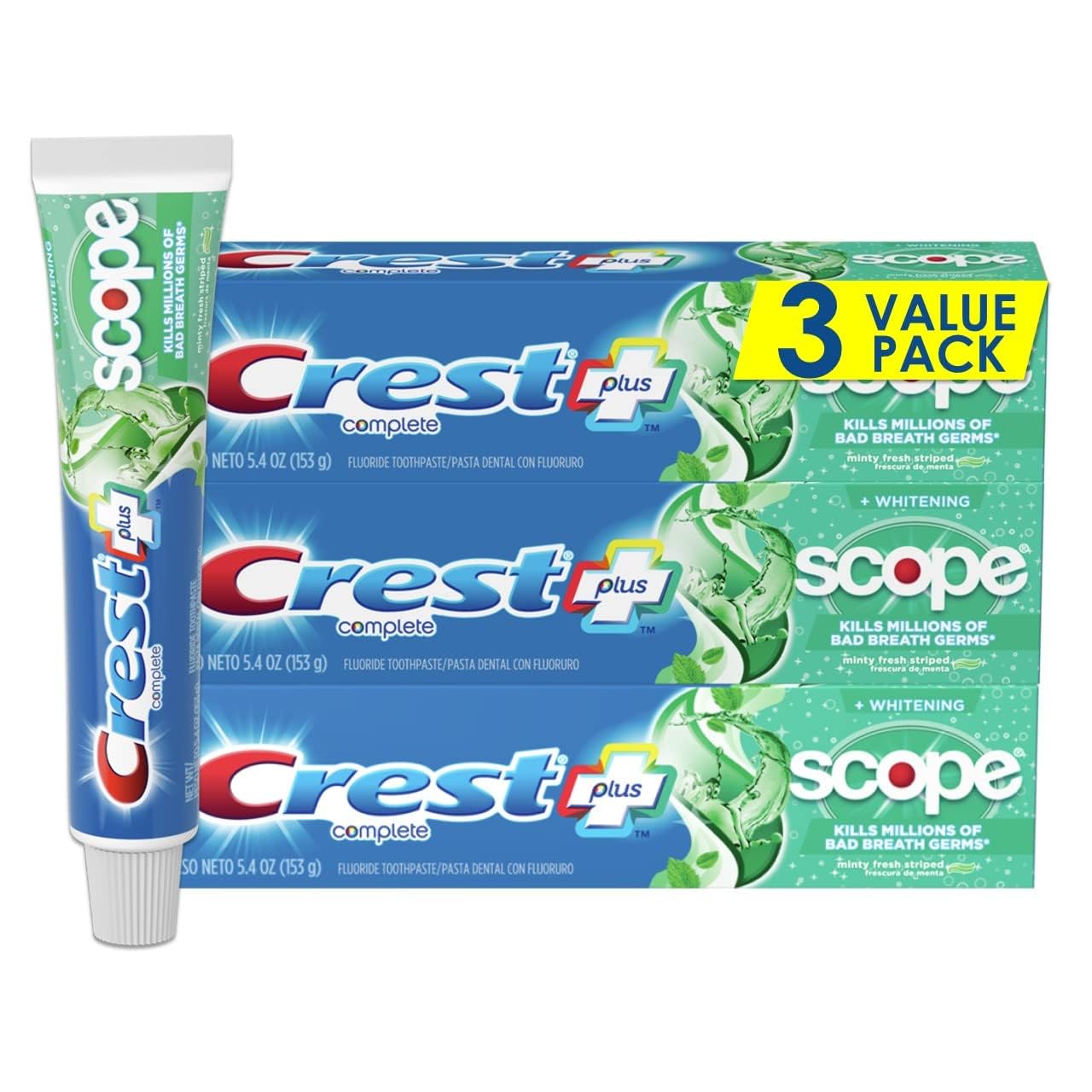 【エクスプレス便】3 本セット Crest + Scope Complete Whitening Toothpaste, Minty Fresh 5.4oz<br> クレスト コンプリート ホワイトニング歯磨き粉 ミント フレッシュ 153g