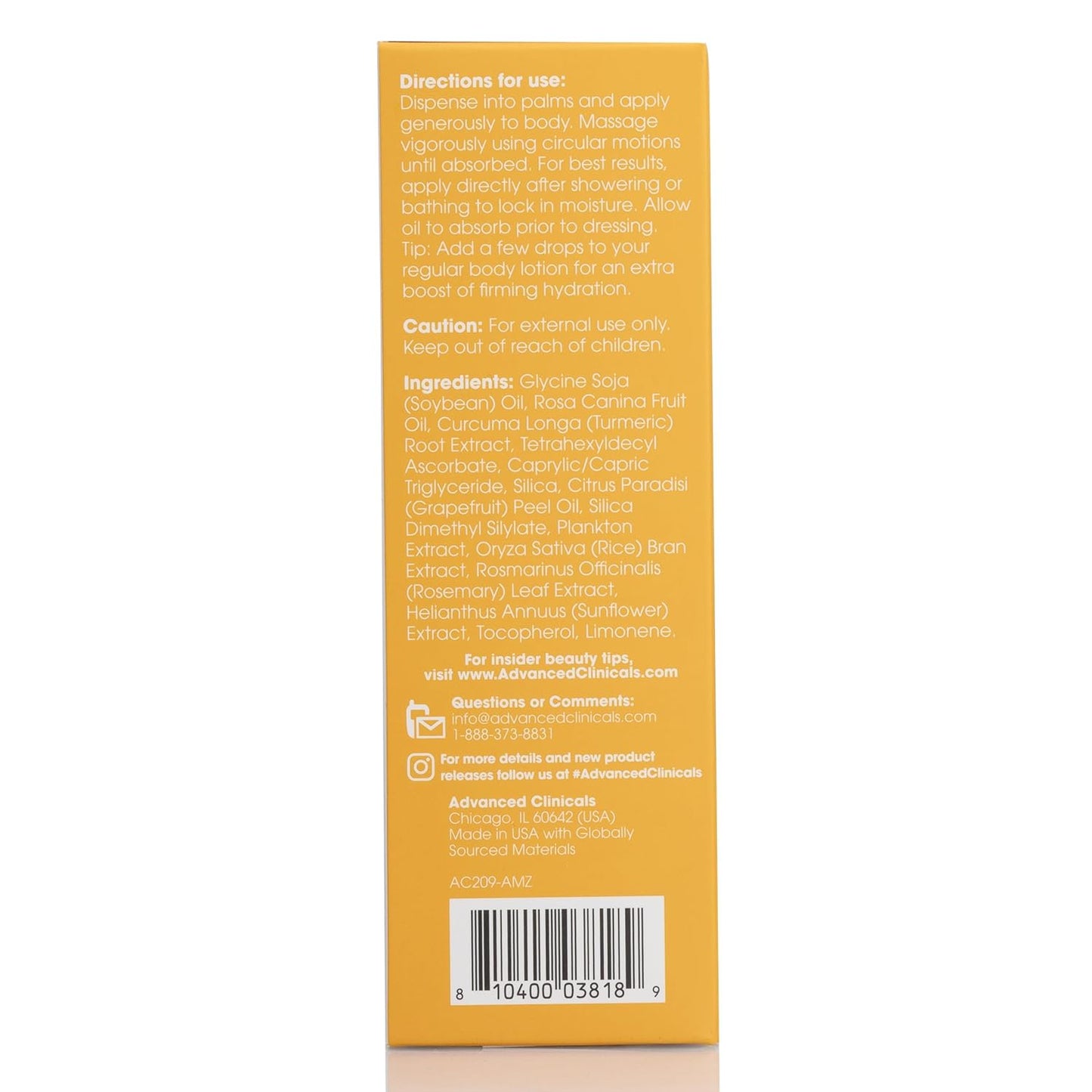 【エクスプレス便】Advanced Clinicals Vitamin C Body Oil W/Vitamin E & Turmeric 3.8 oz アドバンスドクリニカルズ ビタミンC ボディオイル ビタミンE & ターメリック配合 112ml