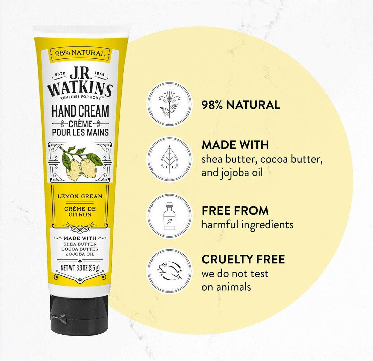 【追跡可能海外メール便】J.R. Watkins Natural Moisturizing Hand Cream Lemon 3.3oz ジェイ・アール・ワトキンス ハンドクリーム 95g ボディクリーム 保湿 植物由来 シアバター ココアバター アボカドオイル