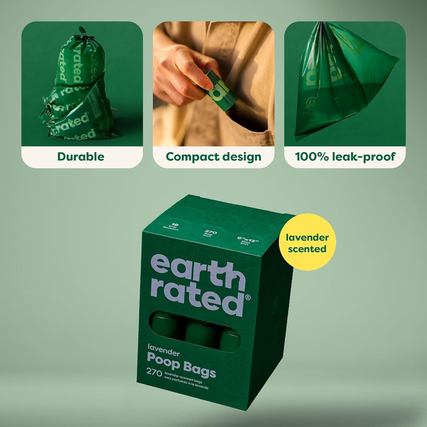 【エクスプレス便】Earth Rated Dog Poop Bags Lavender Scented 270 Count ラベンダーの香り 小型犬から大型犬用 防漏性と特厚に特化 ペット用フン袋 270枚