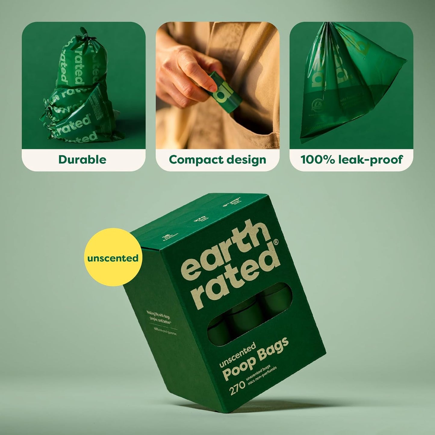 【エクスプレス便】Earth Rated Dog Poop Bags Unscented 270 Count 無香料 小型犬から大型犬用 防漏性と特厚に特化 ペット用フン袋 270枚