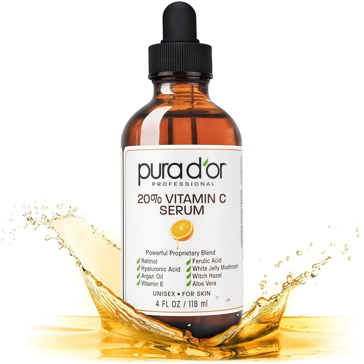 【エクスプレス便】PURA D'OR 20% ビタミンC美容液 ヒアルロン酸&レチノール Vitamin C Serum Hyaluronic Acid & Retinol Maximum Strength Formula (4oz / 118mL) ダークスポット にきび