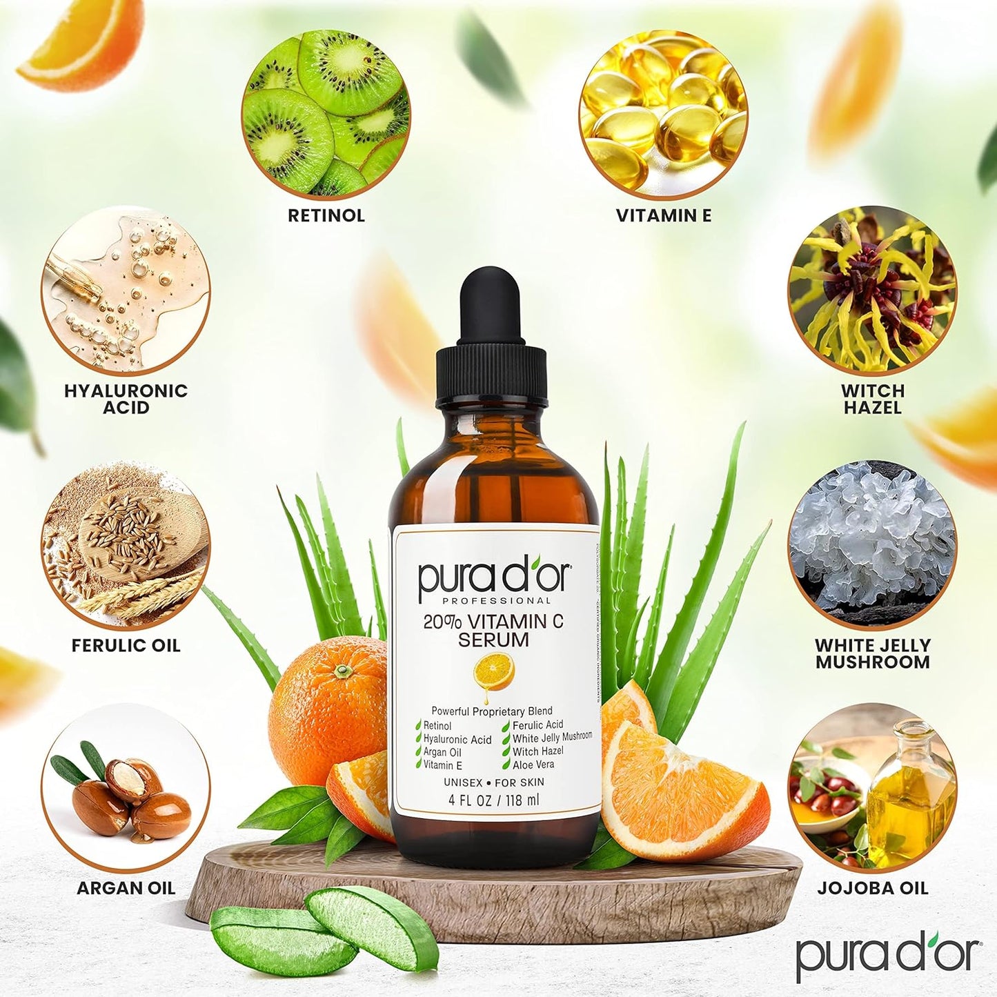 【エクスプレス便】PURA D'OR 20% ビタミンC美容液 ヒアルロン酸&レチノール Vitamin C Serum Hyaluronic Acid & Retinol Maximum Strength Formula (4oz / 118mL) ダークスポット にきび