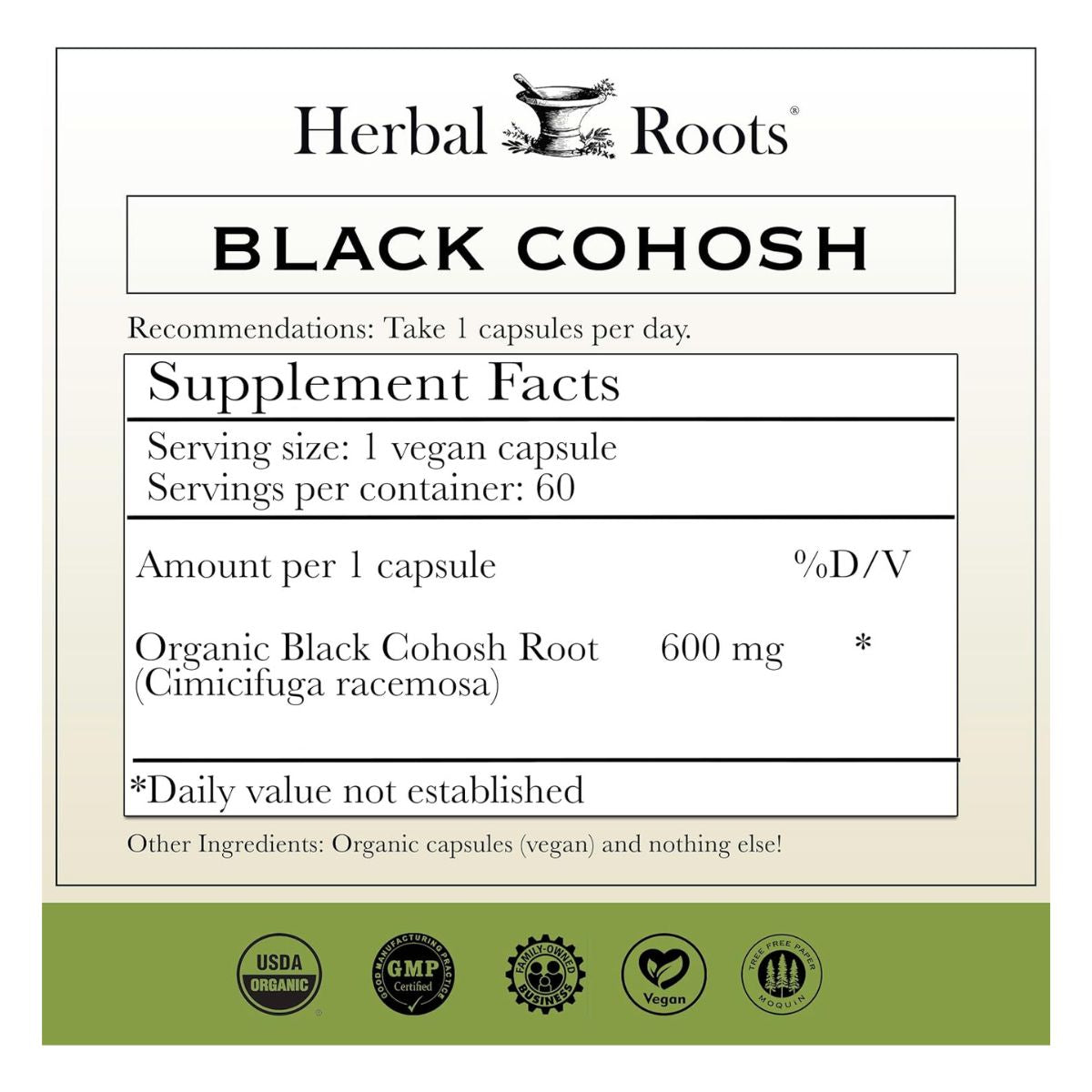 【エクスプレス便】Herbal Roots Organic Black Cohosh Root | Extra Strength 600mg 60 Capsules, Vegan 60カプセル ハーバルルーツ オーガニック ブラックコホシュ | エクストラストレングス 600mg