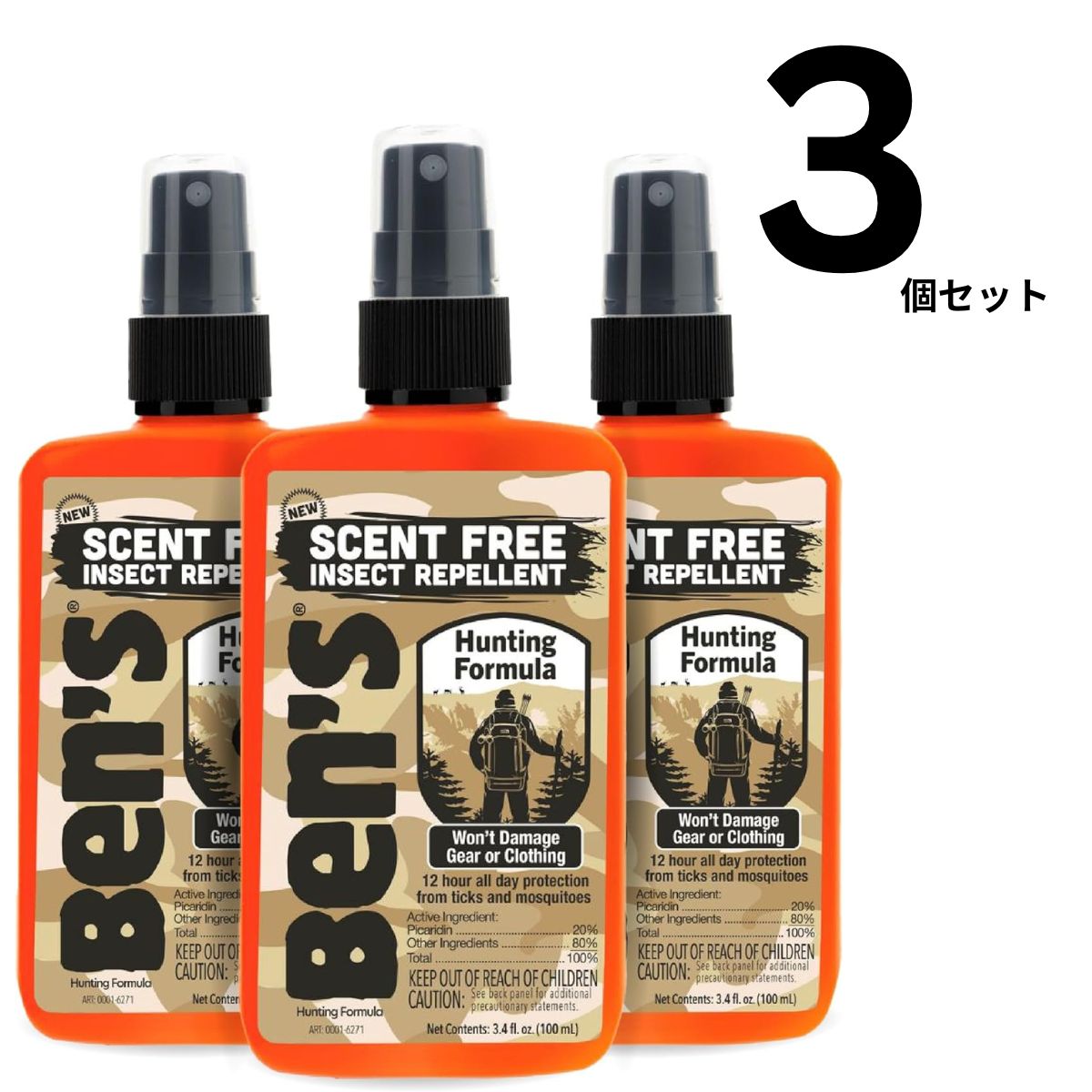 【エクスプレス便】Ben's Hunting Formula - Tick & Mosquito Repellent - 20% Picaridin 20% Picaridin 最大12時間 Ben's 100ml(3.4オンス) 無香料 汗につよい 旅行用ボトル 3個セット ウルトラソン