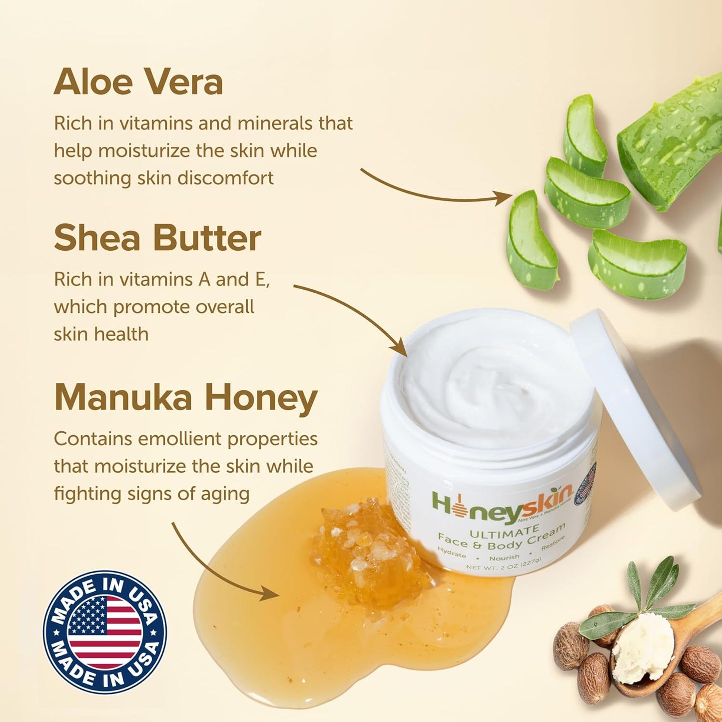 【追跡可能海外メール便】マヌカハニー保湿クリーム フェイス&ボディ モイスチャライザー56gHoney Skin Hydrating Face Moisturizer & Body Cream with Manuka Honey Cream 2oz