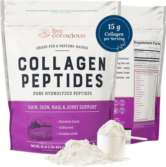 【エクスプレス便】Live Conscious Collagen Peptides Powder  16oz　ライブコンシャス　加水分解コラーゲンパウダー　コラーゲンペプチド　 味なし　髪、肌、爪、関節サポート　コラーゲンサプリメント　美肌ケア　美髪ケア