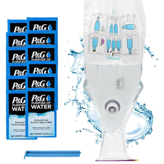 【エクスプレス便】重力式 浄水器 袋 携帯用 防災グッズ 浄水パケット 12個付き キャンプ ハイキング 緊急用のポータブル浄水システム  Puribag Gravity Water Filter - Portable Water Filtration System