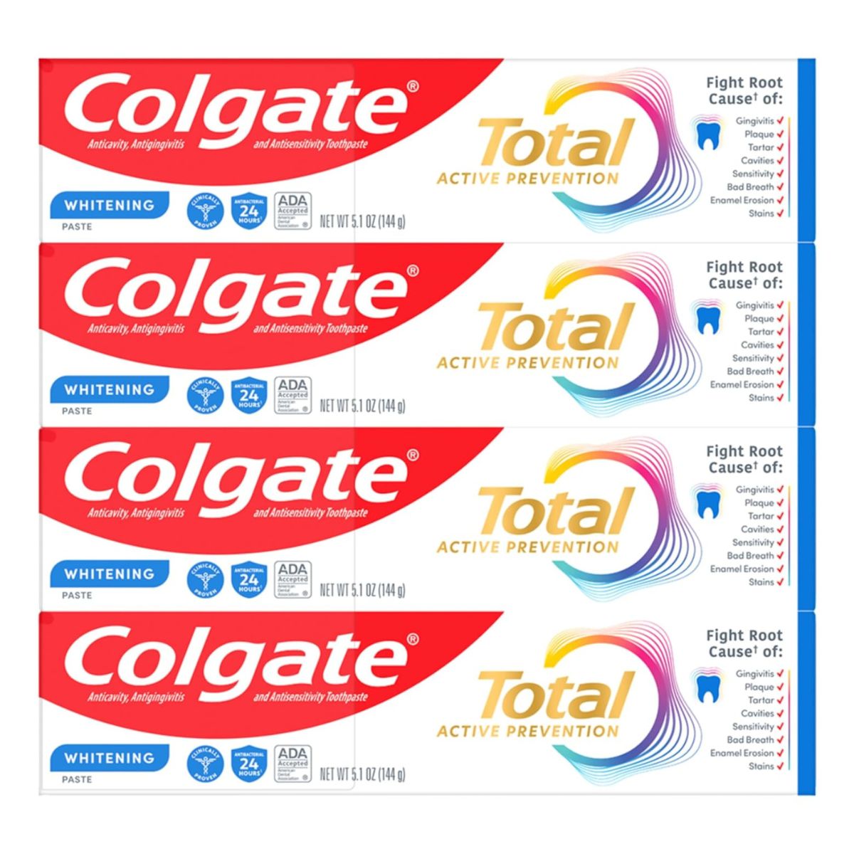 【エクスプレス便】【 お得な4本セット】コルゲート トータル ホワイトニング 歯磨き粉  白い歯 知覚過敏 着色汚れ除去 ミント味 Colgate Total Whitening Toothpaste with Fluoride Mint, 5.1 ounces (4 Pack)