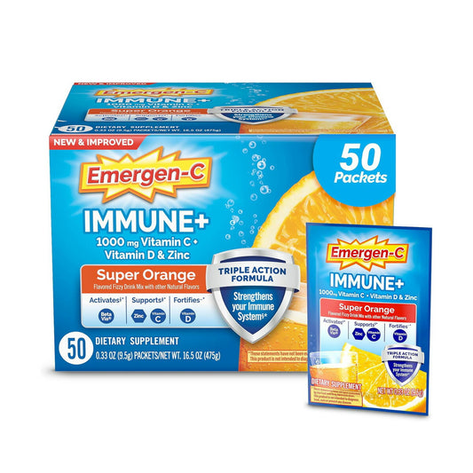 【エクスプレス便】Emergen-C Immune+ Triple Action Immune Support Powder Super Orange  50 Count 16.5oz <br>ビタミンCパウダー スーパーオレンジ味　50パッケージ入り