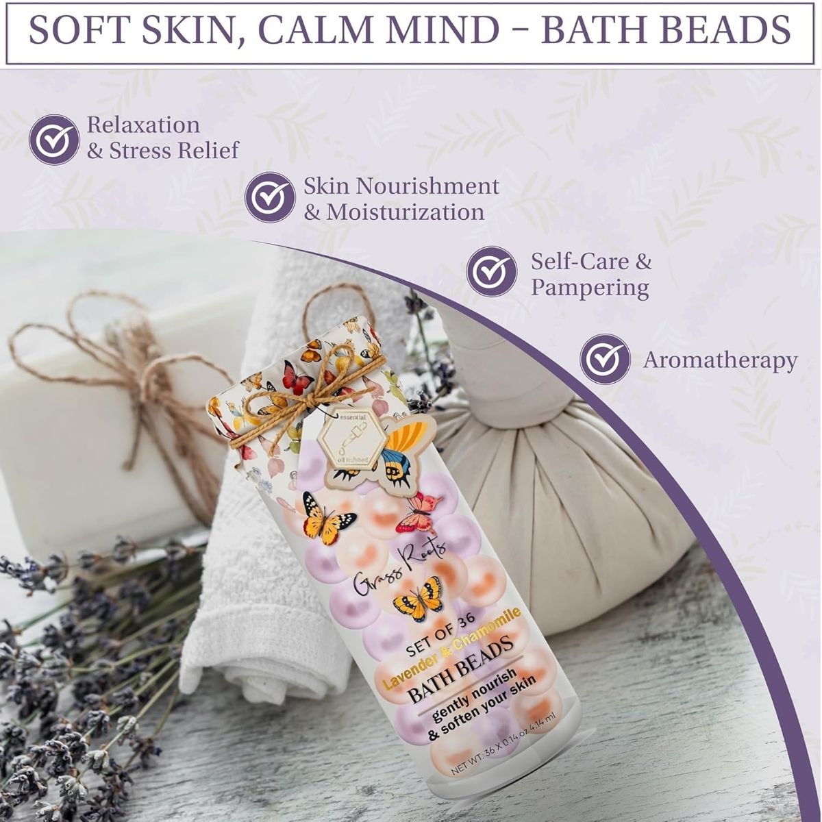 【エクスプレス便】Grass Roots グラスルーツ バスオイルビーズ 36個入 ラベンダー＆カモミールの香り Grass Roots Bath Oil Beads Set of 36 - Lavender & Chamomile Scented Bath Bead