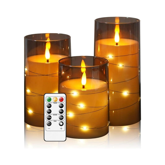 【エクスプレス便】Kakoya LEDキャンドル  3本セット グレー アクリル製 星入りライト内蔵・電池式 Kakoya Flameless LED Candles with Timer 3 Pc Flickering Battery Operated Candles Grey