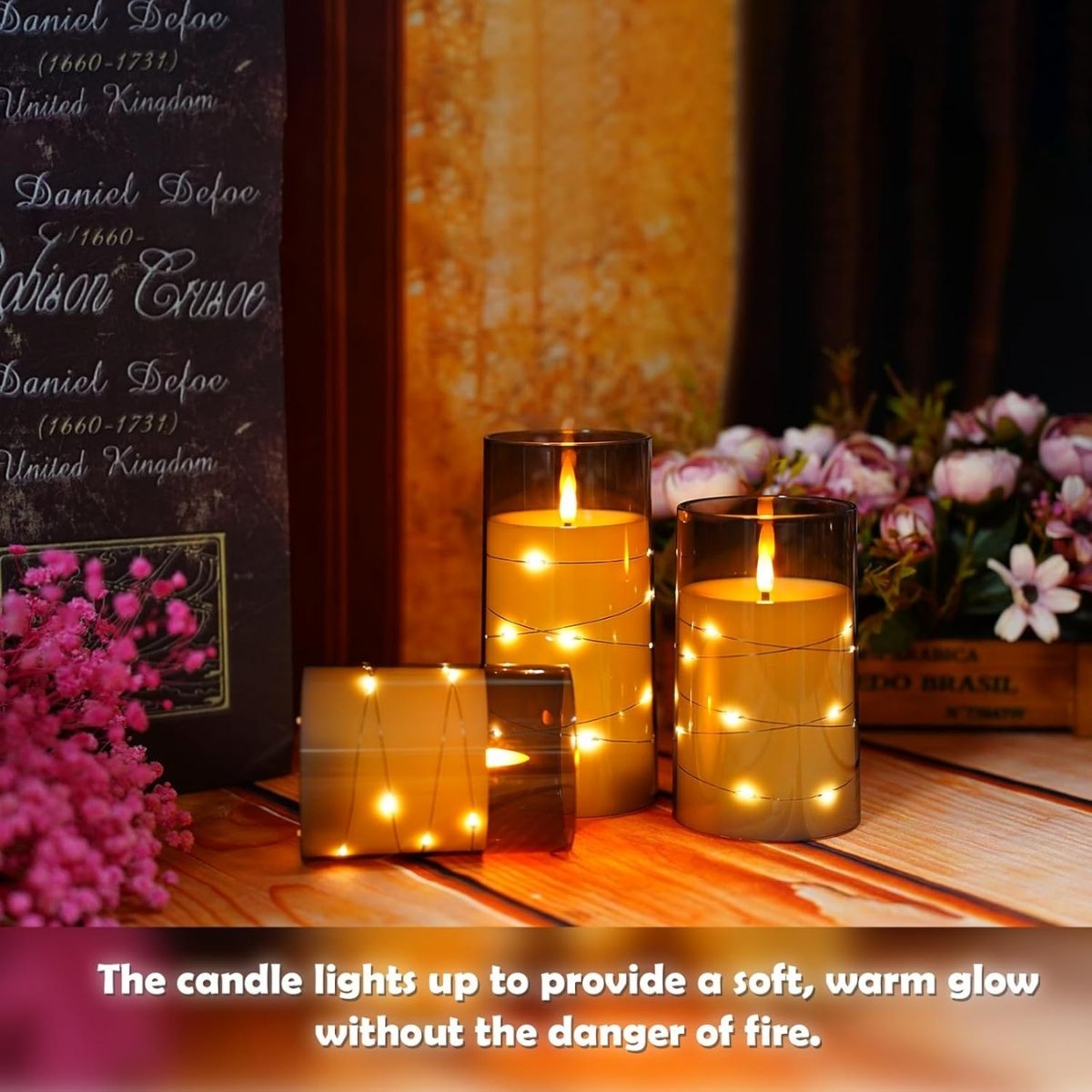 【エクスプレス便】Kakoya LEDキャンドル  3本セット グレー アクリル製 星入りライト内蔵・電池式 Kakoya Flameless LED Candles with Timer 3 Pc Flickering Battery Operated Candles Grey