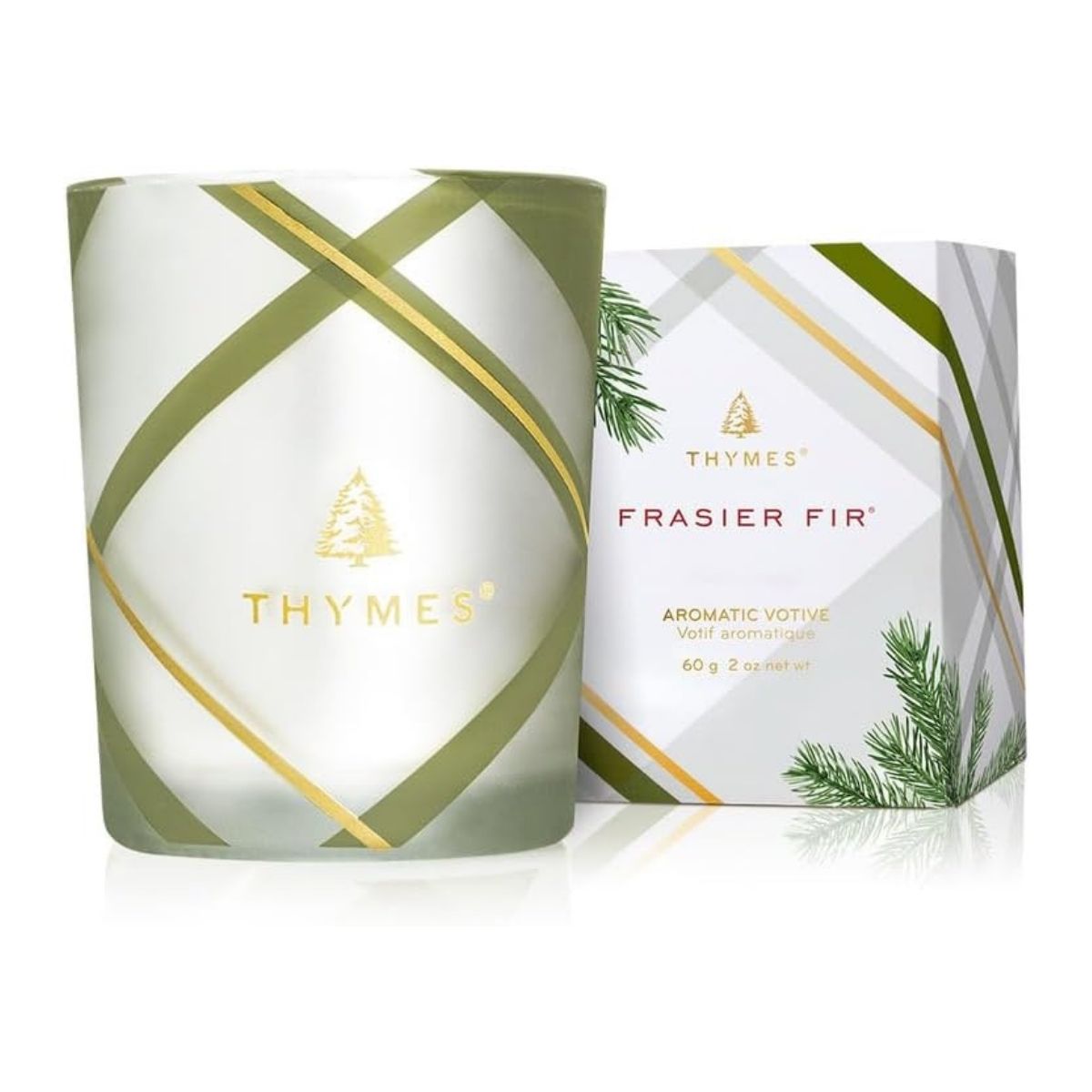 【エクスプレス便】Thymes フレイジャーファー キャンドル グリーン＆ホワイト シダーウッド＆サンダルウッド  Thymes Frasier Fir Candle Frosted Plaid Collection Green & White Glass Jar Design Cedarwood & Sandalwood 2 oz