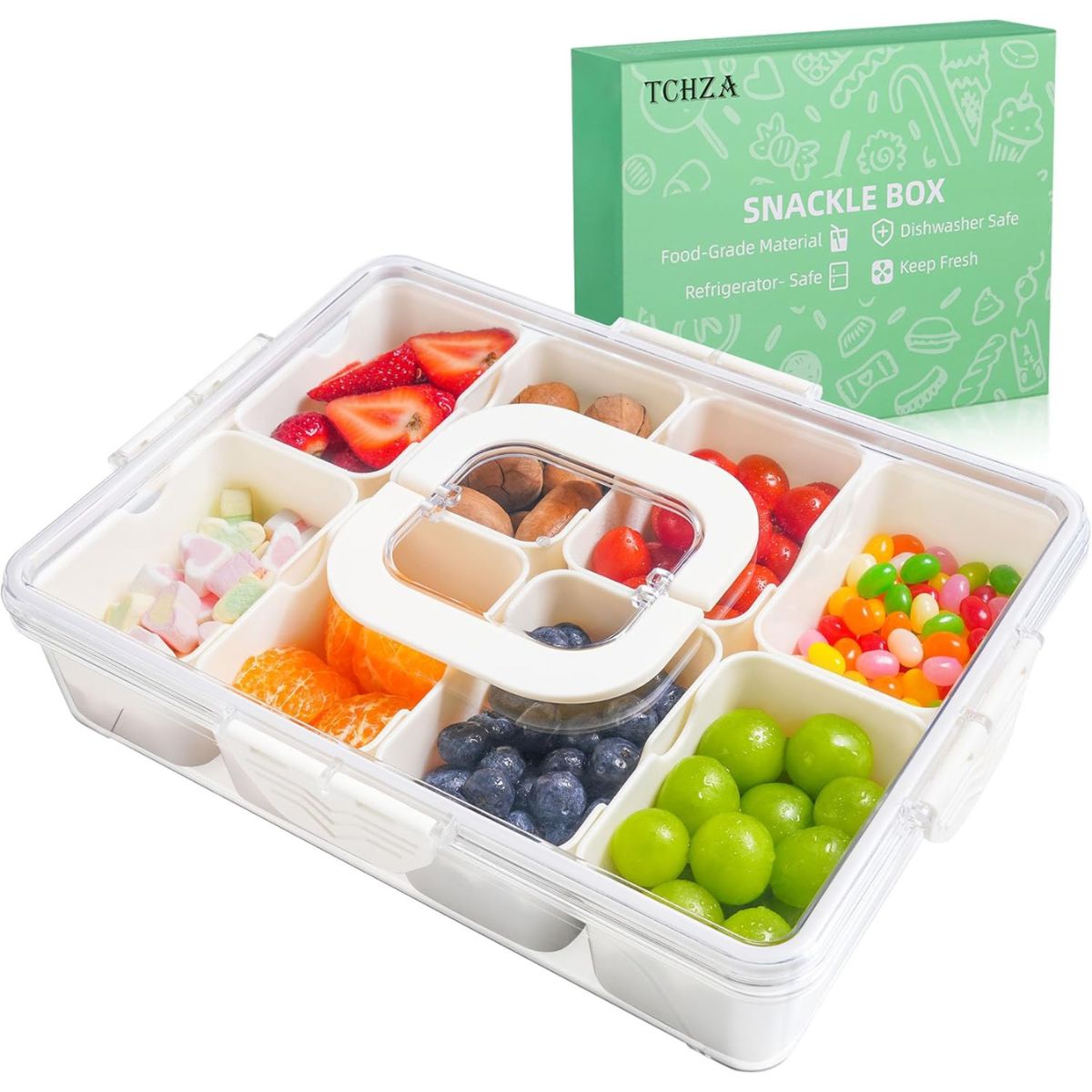 【エクスプレス便】Snackle Box スナックルボックス 小分け タッパ コンテナ 大容量 8仕切り 蓋付き 持ち手付き クリア 収納 トレー お菓子 ケース フルーツ 仕切り付き 弁当箱 ピクニック 車内 旅行 便利グッズ Snackle Box Container, Dishwasher Safety