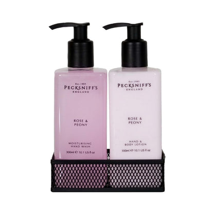 【エクスプレス便】Pecksniff's ローズ＆ピオニー ハンドウォッシュ＆ハンド・ボディローション キャディセット 300ml×2本 ブラックメッシュキャディ付き Pecksniffs Moisturizing Hand Wash and Hand & Body Lotion Caddy Set - Rose & Peony 300 ml/10.14 fl oz