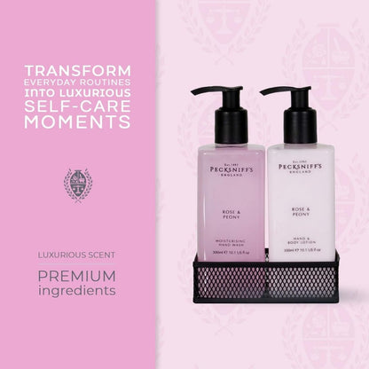 【エクスプレス便】Pecksniff's ローズ＆ピオニー ハンドウォッシュ＆ハンド・ボディローション キャディセット 300ml×2本 ブラックメッシュキャディ付き Pecksniffs Moisturizing Hand Wash and Hand & Body Lotion Caddy Set - Rose & Peony 300 ml/10.14 fl oz
