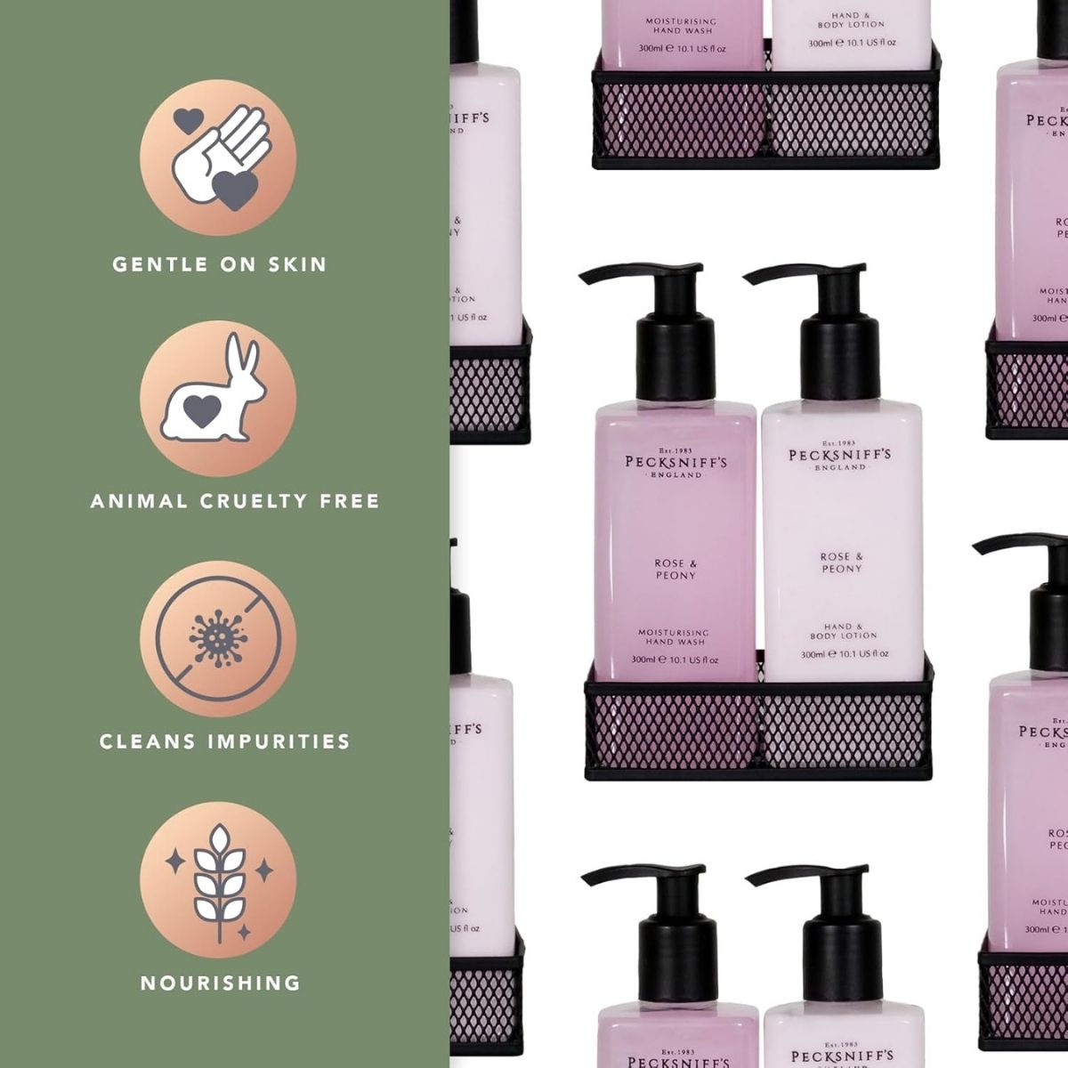 【エクスプレス便】Pecksniff's ローズ＆ピオニー ハンドウォッシュ＆ハンド・ボディローション キャディセット 300ml×2本 ブラックメッシュキャディ付き Pecksniffs Moisturizing Hand Wash and Hand & Body Lotion Caddy Set - Rose & Peony 300 ml/10.14 fl oz