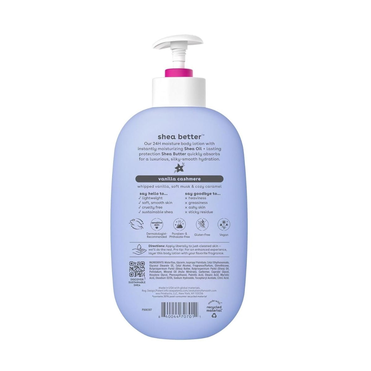 【エクスプレス便】 eos シアベター ボディローション バニラ カシミア 16oz 約473ml 24時間 保湿 軽い使い心地 ベタつかない ヴィーガン シアバター ボディケア eos Shea Better Body Lotion Vanilla Cashmere