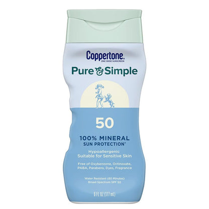 【エクスプレス便】 Coppertone ピュア＆シンプル ミネラルサンスクリーンローション SPF50 コパトーン Pure and Simple Zinc Oxide Mineral Sunscreen Lotion 177ml 日焼け止め 敏感肌 無香料 耐水