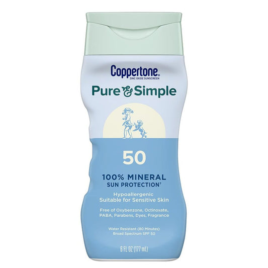 【エクスプレス便】 Coppertone ピュア＆シンプル ミネラルサンスクリーンローション SPF50 コパトーン Pure and Simple Zinc Oxide Mineral Sunscreen Lotion 177ml 日焼け止め 敏感肌 無香料 耐水