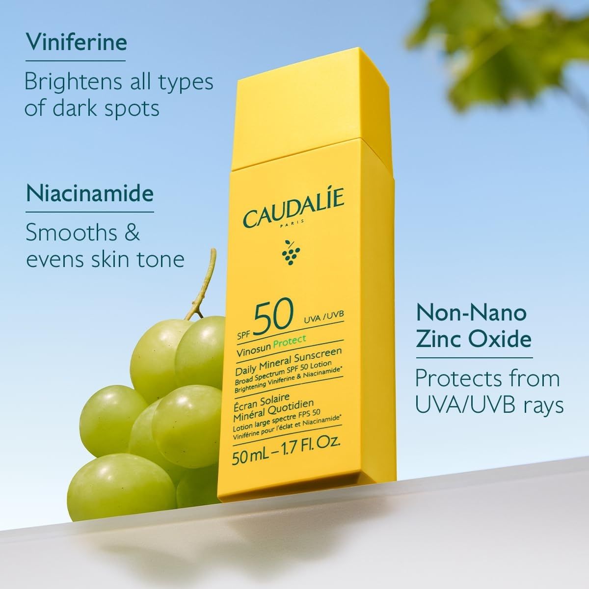 【エクスプレス便】Caudalie ヴィノサン ミネラルUVプロテクト SPF50 Vinosun Protect Daily Mineral Sunscreen SPF50-50 mL 日焼け止め 紫外線対策 顔用