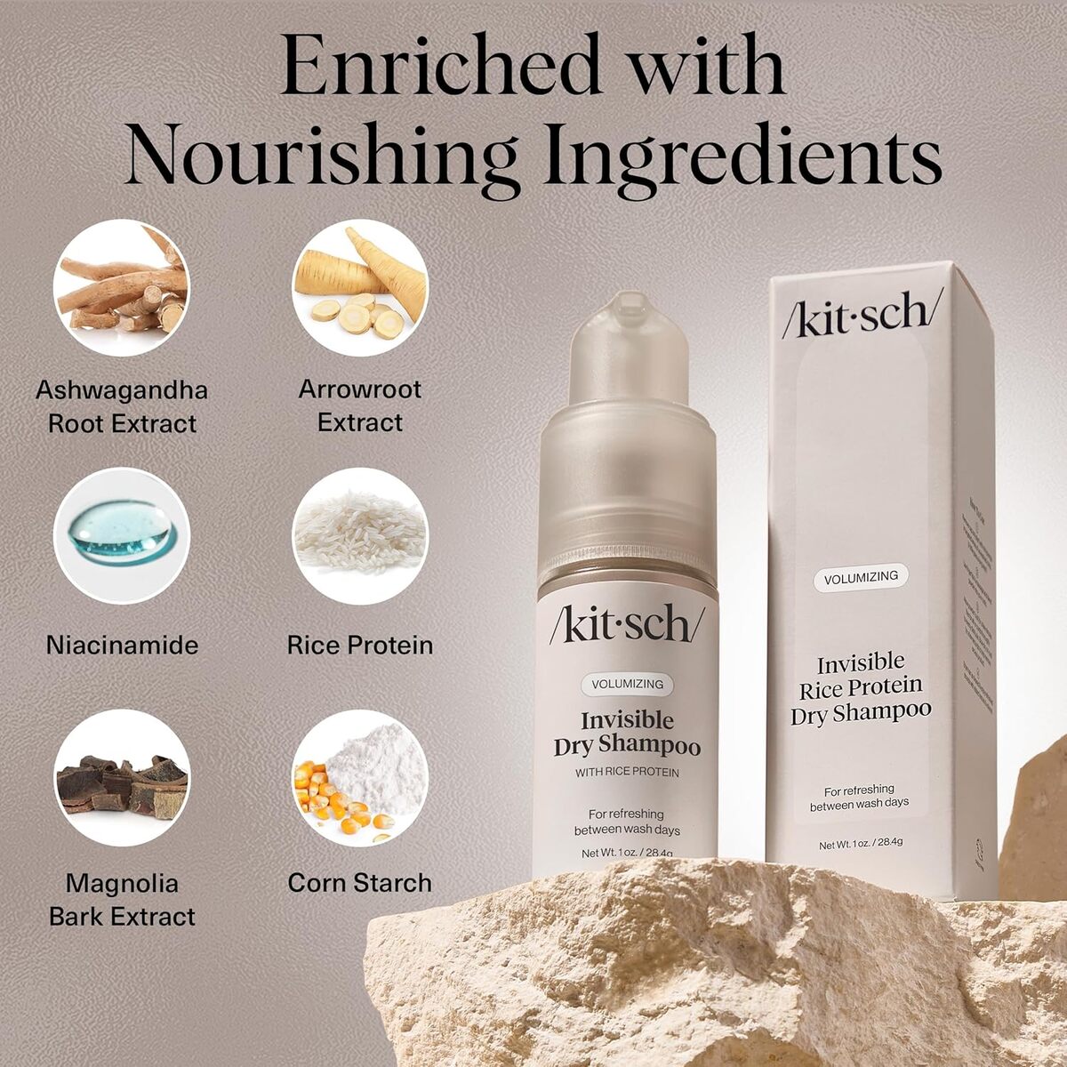 【エクスプレス便】Kitsch ボリューマイジング ライス プロテイン ドライシャンプー パウダー キッチュ Volumizing Rice Protein Dry Shampoo Powder Invisible 1oz/28.4g 頭皮 ベタつき 前髪 立ち上げ ヘアパウダー