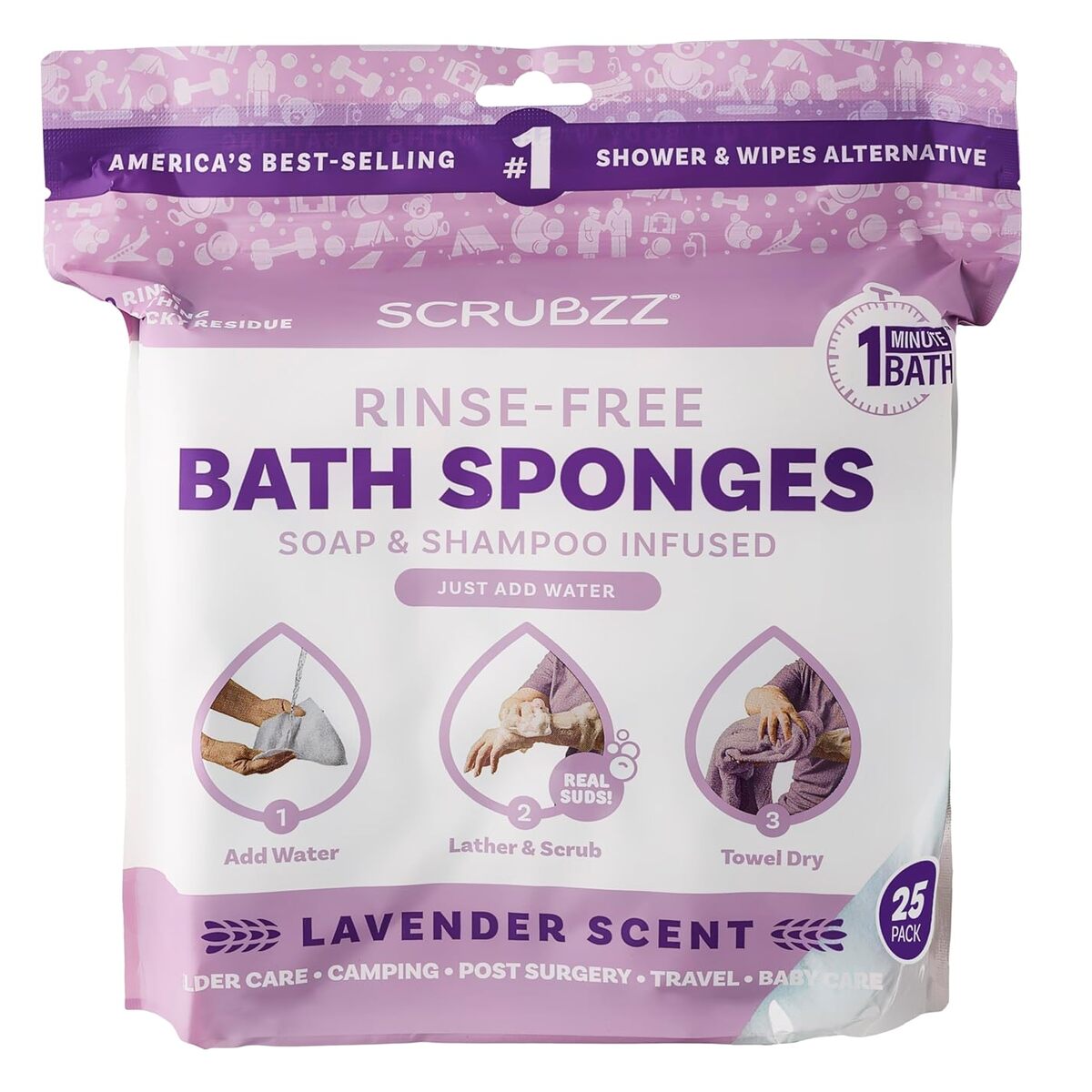 【エクスプレス便】Scrubzz 使い捨て ノーリンス 入浴ワイプ スクラブズ Disposable No Rinse Bathing Wipes Lavender 25Pack 4.94oz/約140g 体拭きシート 防災 旅行 入院 介護 すすぎ不要