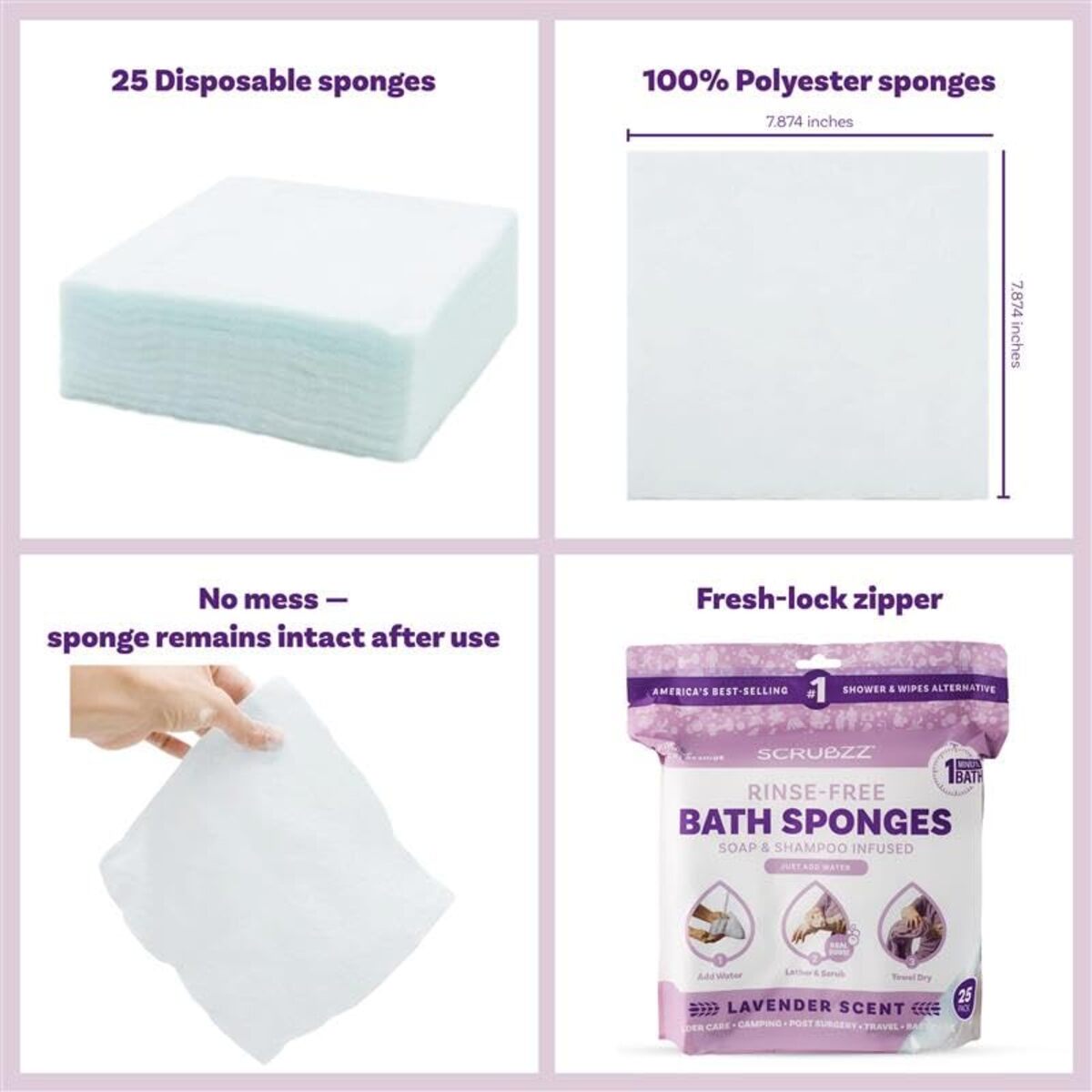 【エクスプレス便】Scrubzz 使い捨て ノーリンス 入浴ワイプ スクラブズ Disposable No Rinse Bathing Wipes Lavender 25Pack 4.94oz/約140g 体拭きシート 防災 旅行 入院 介護 すすぎ不要