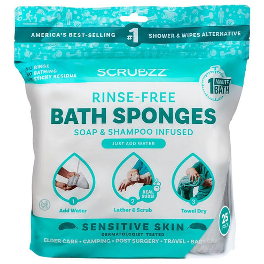 【エクスプレス便】 Scrubzz 使い捨て ノーリンス 入浴ワイプ敏感肌用 スクラブズ Disposable No Rinse Bathing Wipes for Senstive Skin Unscented 25Pack 4.94oz/約140g 体拭きシート 敏感肌 無香料 防災 旅行 入院 介護 すすぎ不要
