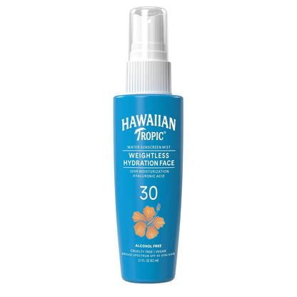 【エクスプレス便】 Hawaiian Tropic 顔用ウェイトレス ハイドレーション ウォーター ミスト ハワイアン トロピック Weightless Hydration Water Mist for Face SPF30 2.1oz/62ml 日焼け止め アルコールフリー オイルフリー ヒアルロン酸配合 保湿