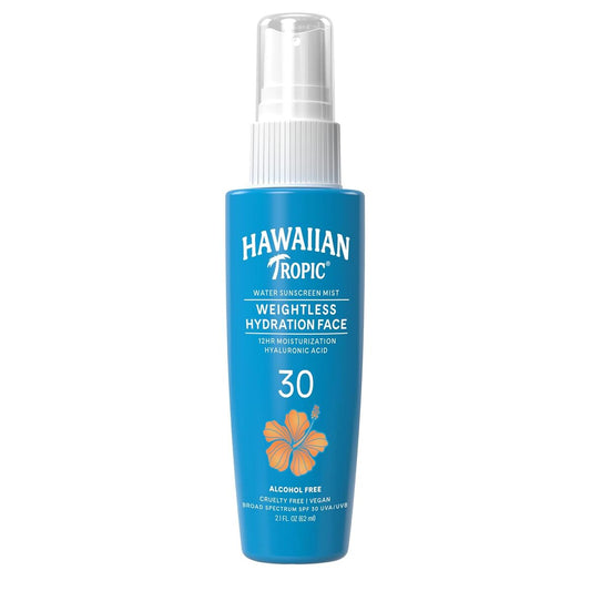 【エクスプレス便】 Hawaiian Tropic 顔用ウェイトレス ハイドレーション ウォーター ミスト ハワイアン トロピック Weightless Hydration Water Mist for Face SPF30 2.1oz/62ml 日焼け止め アルコールフリー オイルフリー ヒアルロン酸配合 保湿
