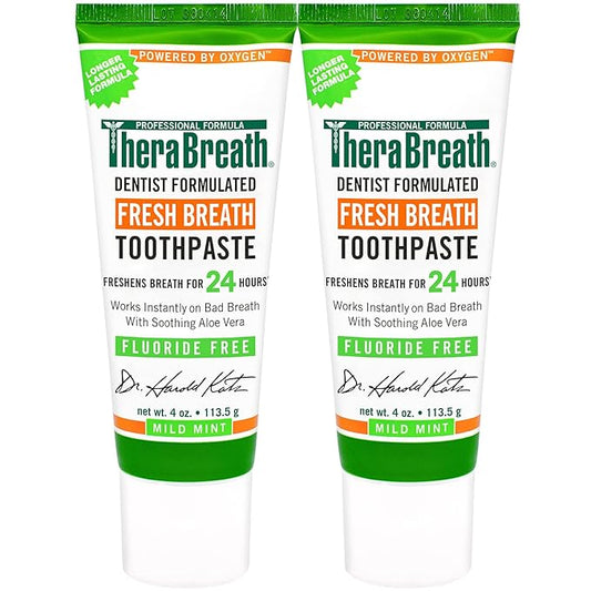 【エクスプレス便】【お得な２本セット】TheraBreath Fresh Breath Dentist Formulated Fluoride Free Toothpaste Mild Mint 4oz （Pack of 2）<br>セラブレス フレッシュブレス 歯磨き粉 マイルドミント 113.5g（２本パック）<br>歯科医推奨　歯磨き粉　オーラルケア