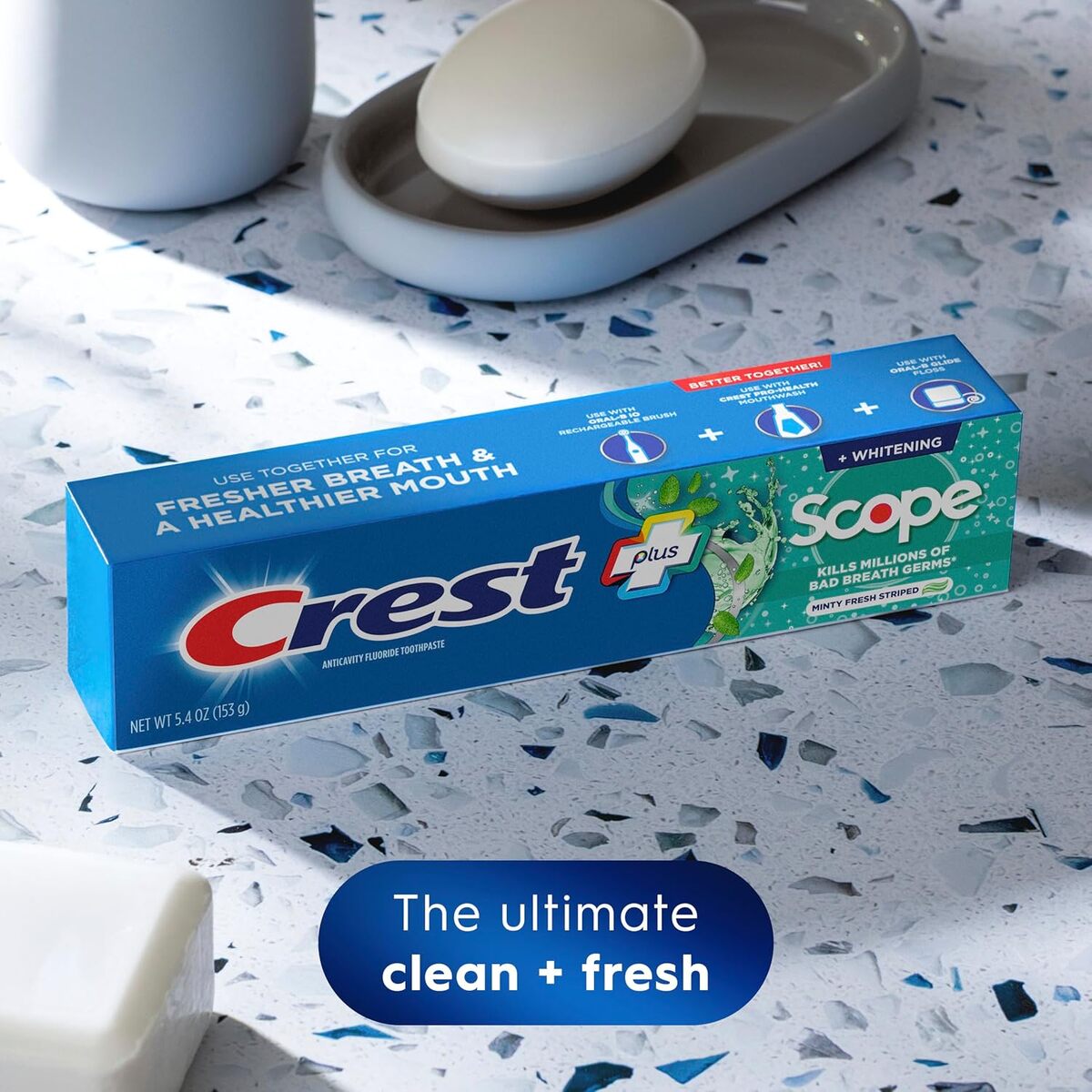 【エクスプレス便】3 本セット Crest + Scope Complete Whitening Toothpaste, Minty Fresh  5.4oz<br> クレスト コンプリート ホワイトニング歯磨き粉 ミント フレッシュ 153g