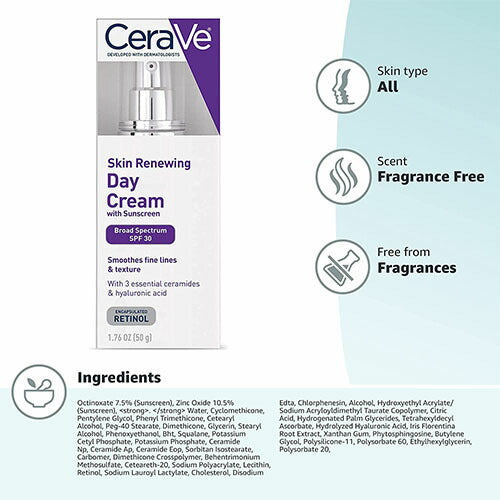 【追跡可能海外メール便】CeraVe Skin Renewing Day Cream with SPF 30   1.76oz  セラヴィ フェイスクリーム　SPF30 50g保湿 セラミド ヒアルロン酸